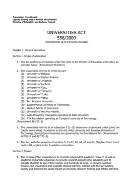 UNIVERSITIES ACT 558/2009 (Amendments up to 644/2016 Included)