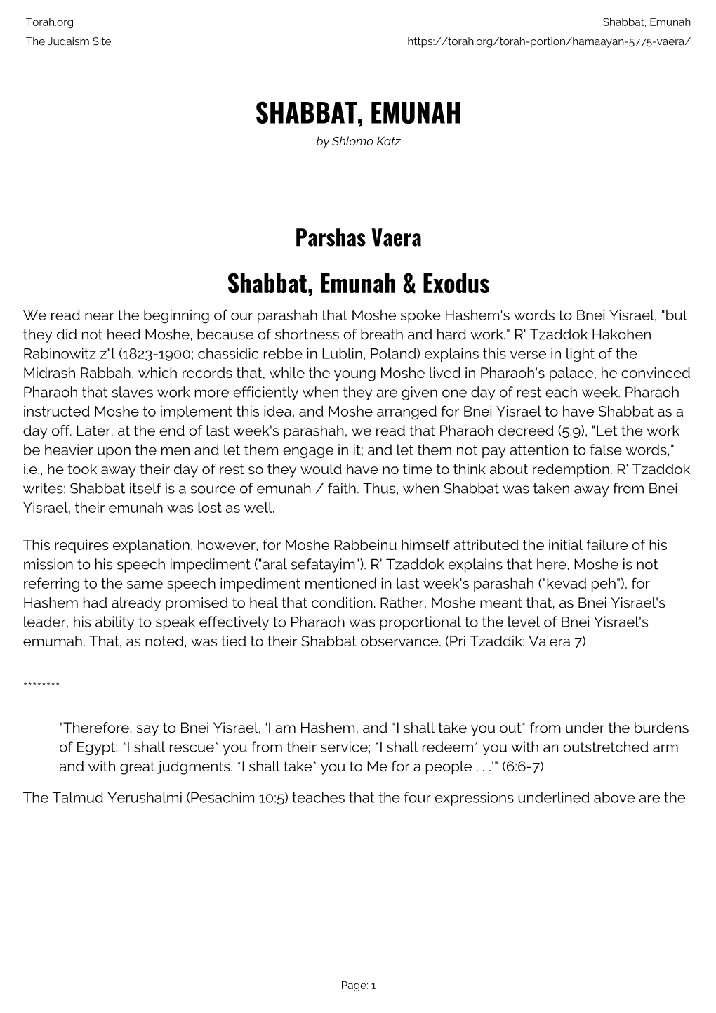 Shabbat, Emunah the Judaism Site