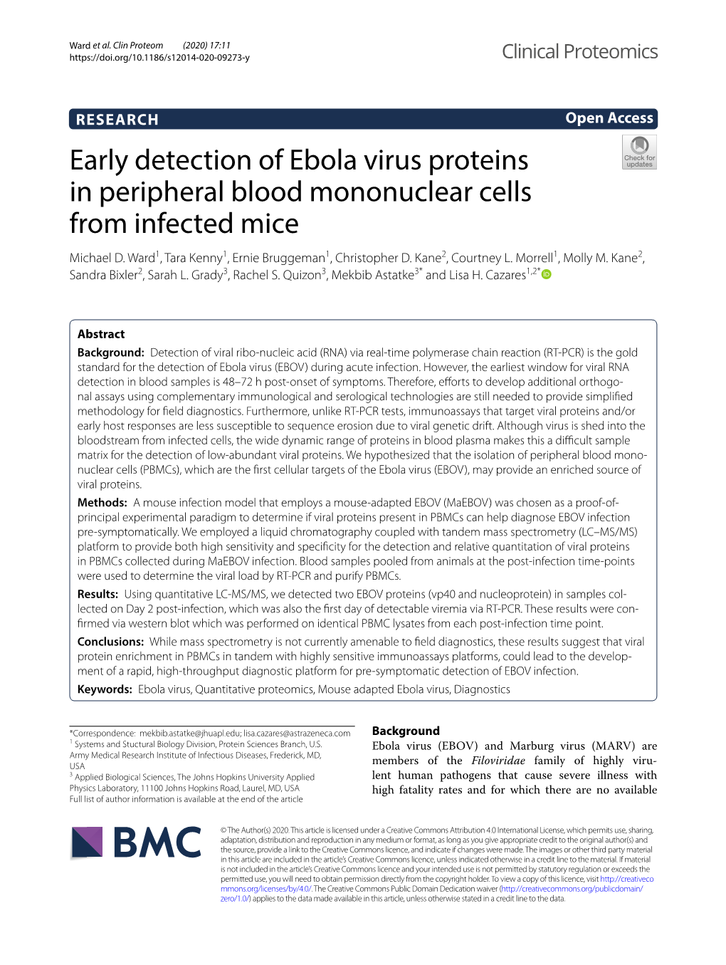 Early Detection of Ebola Virus Proteins in Peripheral Blood Mononuclear Cells from Infected Mice Michael D