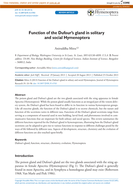 Function of the Dufour's Gland in Solitary and Social Hymenoptera