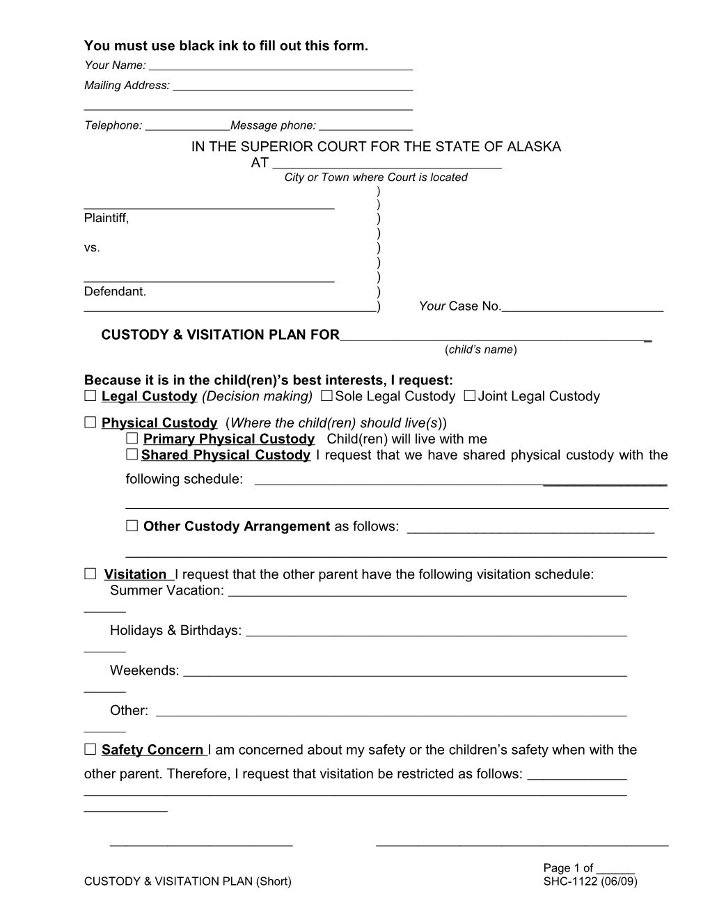 CUSTODY & VISITATION PLAN (Short), SHC-1122