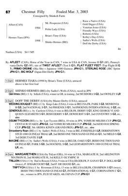 67 Chestnut Filly Foaled Mar. 3, 2003 Consigned by Shinkoh Farm Raise a Native (USA) # $ Mr