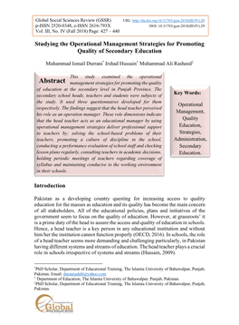 Abstract Management Strategies for Promoting the Quality of Education at the Secondary Level in Punjab Province