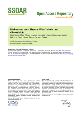 Diskussion Zum Thema: Wertfreiheit Und Objektivität