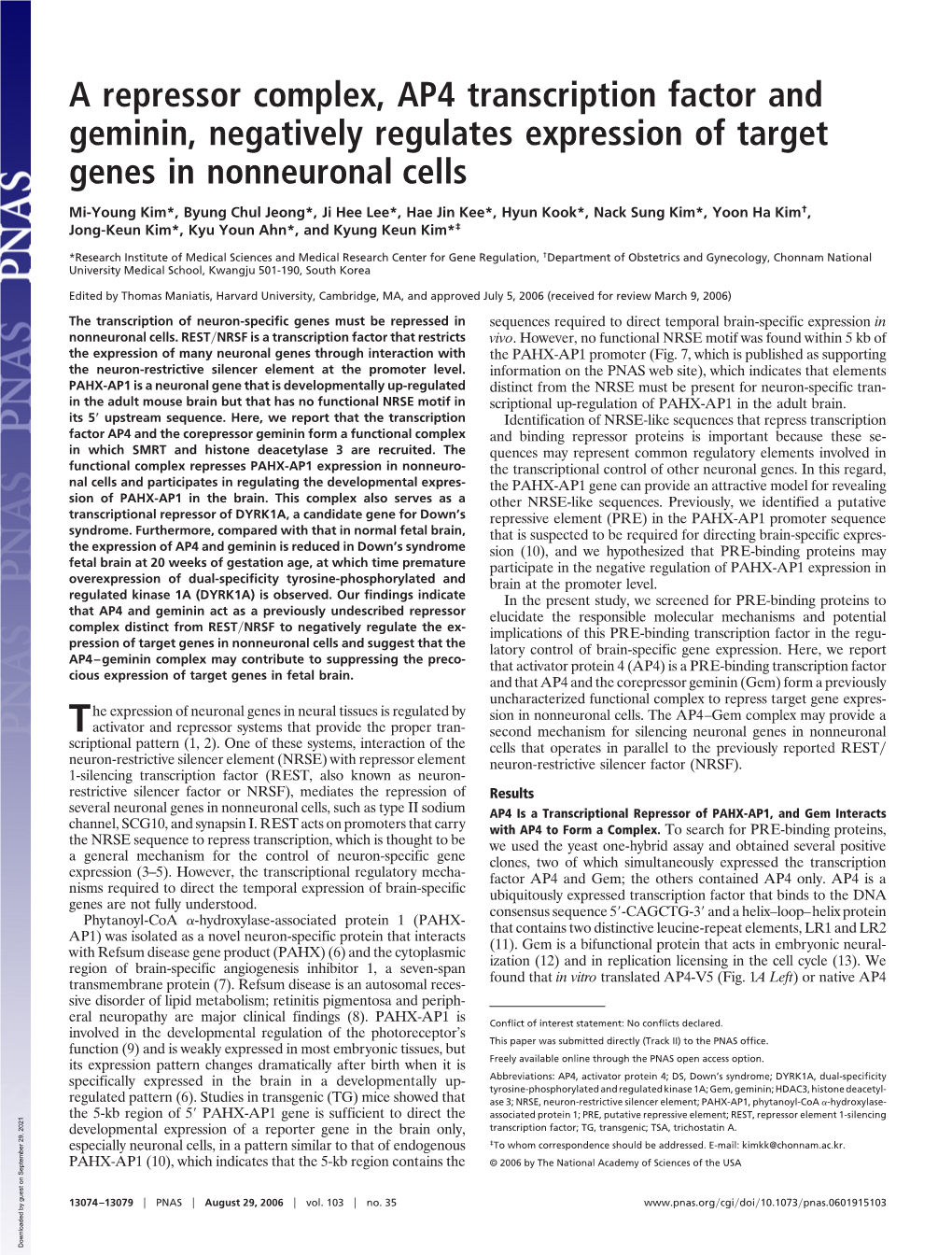 A Repressor Complex, AP4 Transcription Factor and Geminin, Negatively Regulates Expression of Target Genes in Nonneuronal Cells