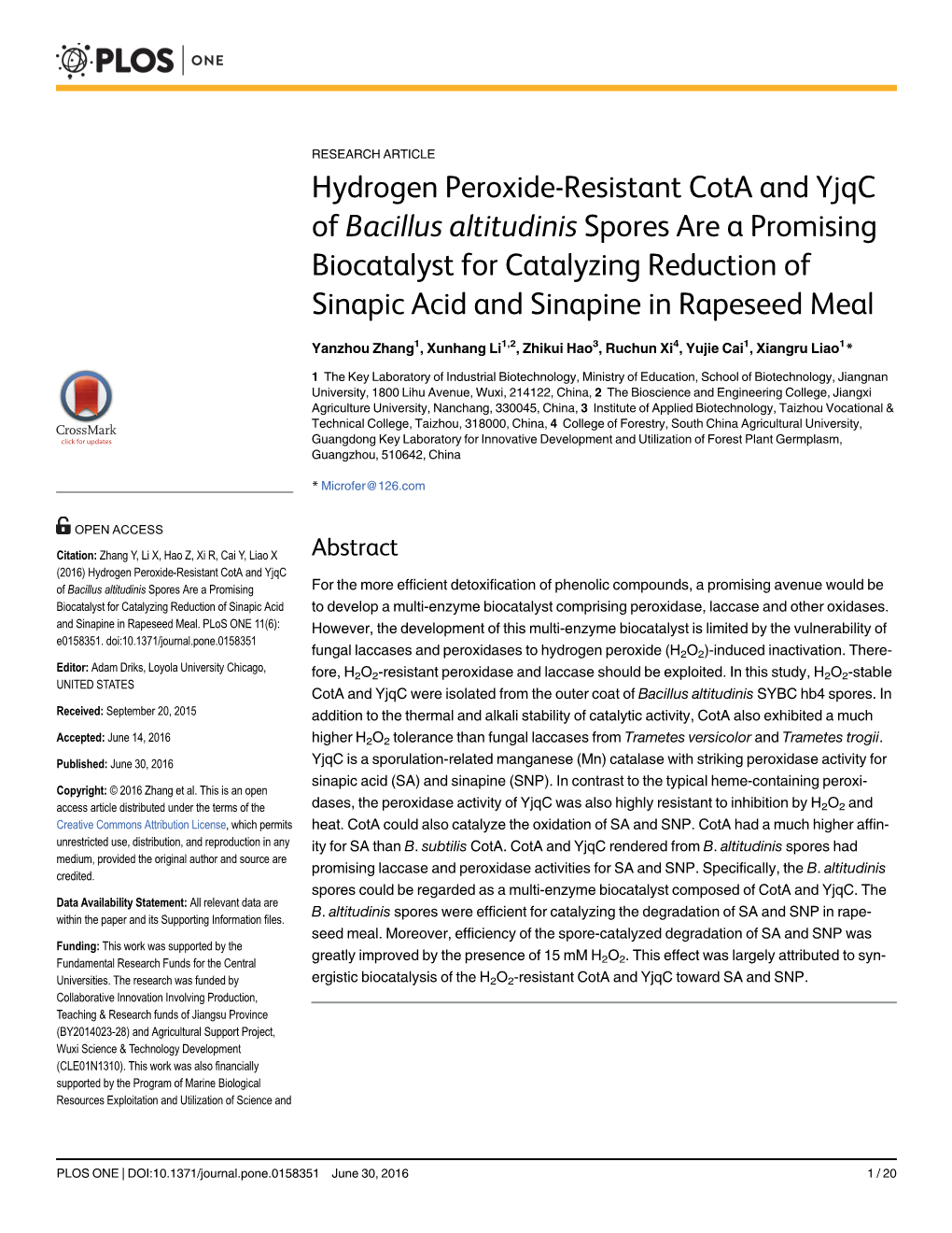 Hydrogen Peroxide-Resistant Cota and Yjqc of Bacillus Altitudinis