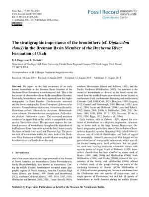 The Stratigraphic Importance of the Brontothere (Cf. Diplacodon Elatus) in the Brennan Basin Member of the Duchesne River Formation of Utah