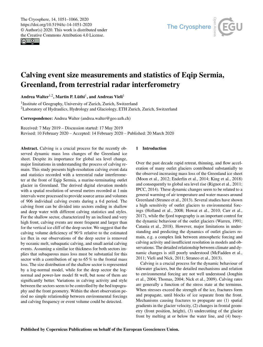Calving Event Size Measurements and Statistics of Eqip Sermia, Greenland, from Terrestrial Radar Interferometry