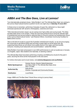 Media Release ABBA and the Bee Gees, Live at Lennox!