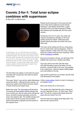 Cosmic 2-For-1: Total Lunar Eclipse Combines with Supermoon 24 May 2021, by Marcia Dunn