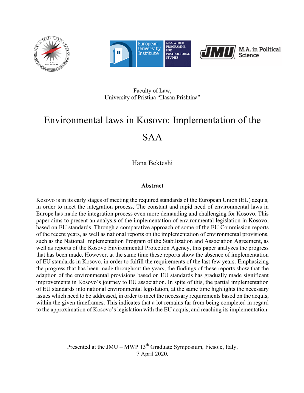Environmental Laws in Kosovo: Implementation of the SAA