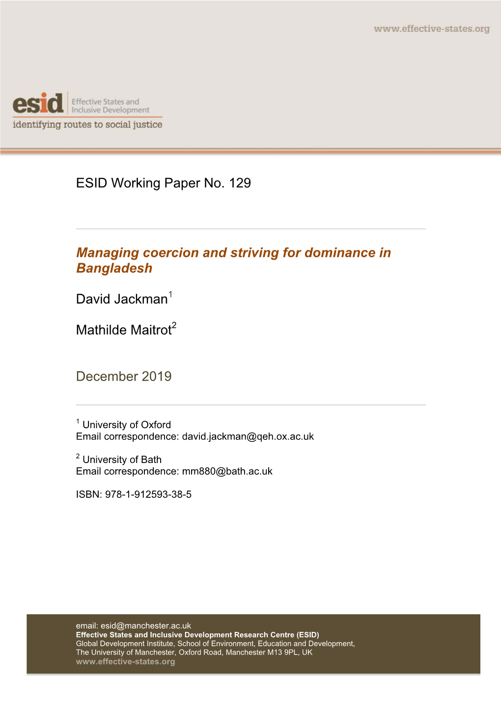 ESID Working Paper No. 129 Managing Coercion and Striving For