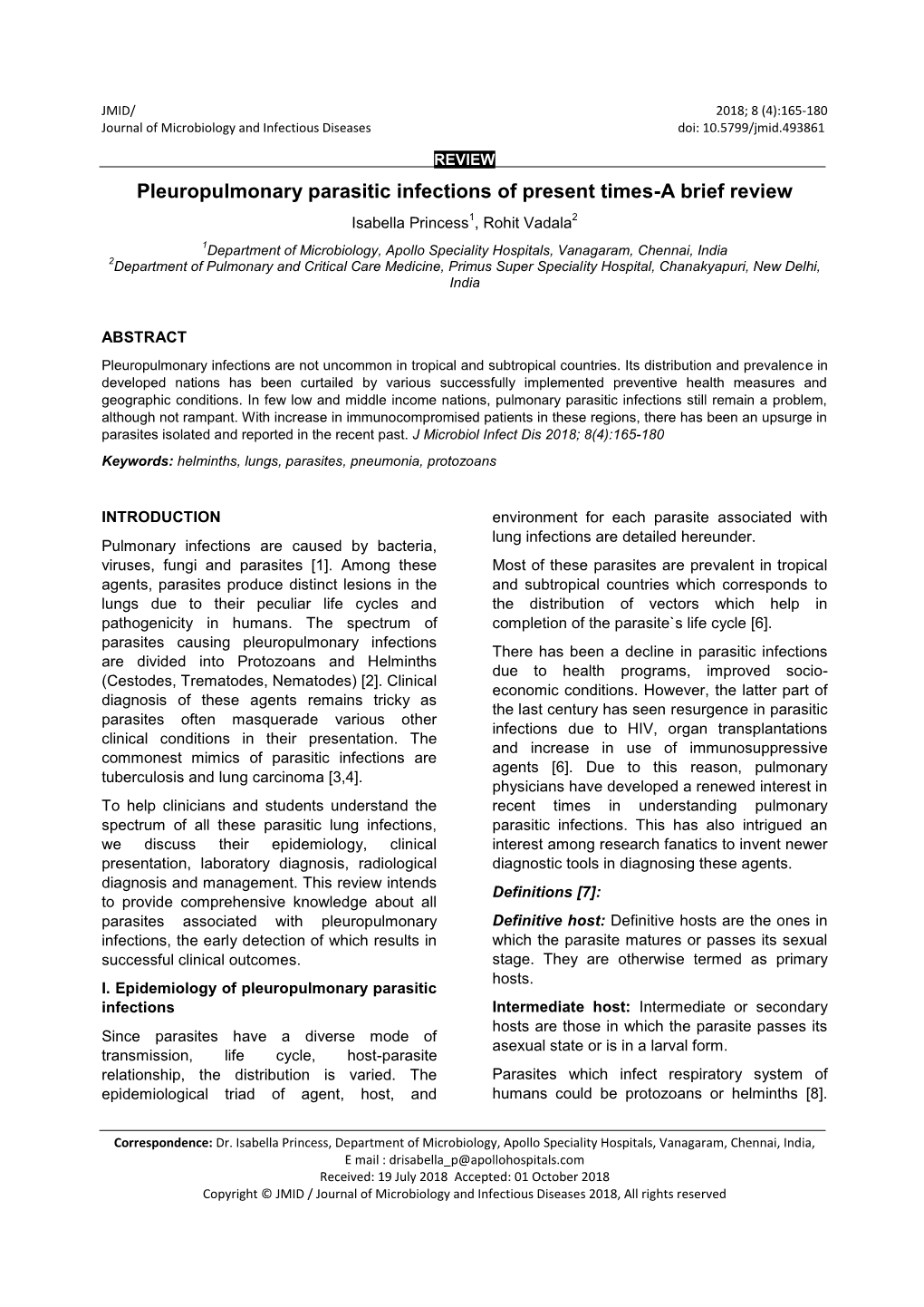 Pleuropulmonary Parasitic Infections of Present Times-A Brief Review