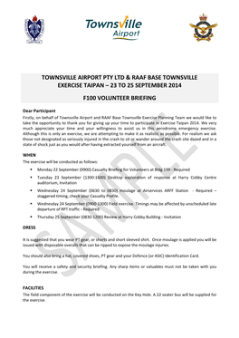 23 to 25 September 2014 F100 Volunteer Briefing