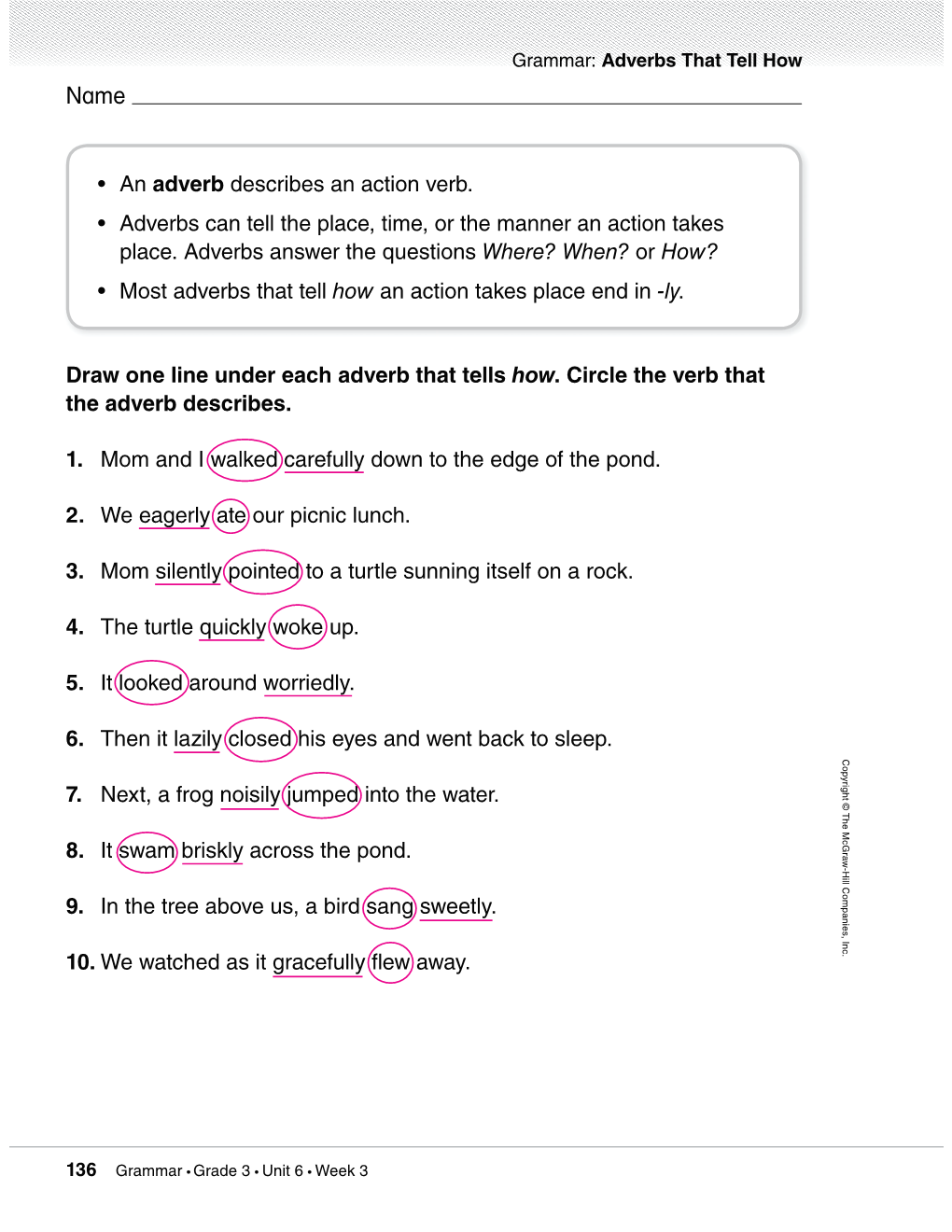 Draw One Line Under Each Adverb That Tells How. Circle the Verb That ...