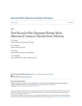 First Record of the Opossum Shrimp, Mysis Diluviana (Crustacea: Mysida) from Arkansas K