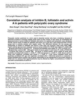 Correlation Analysis of Inhibin B, Follistatin and Activin a in Patients with Polycystic Ovary Syndrome