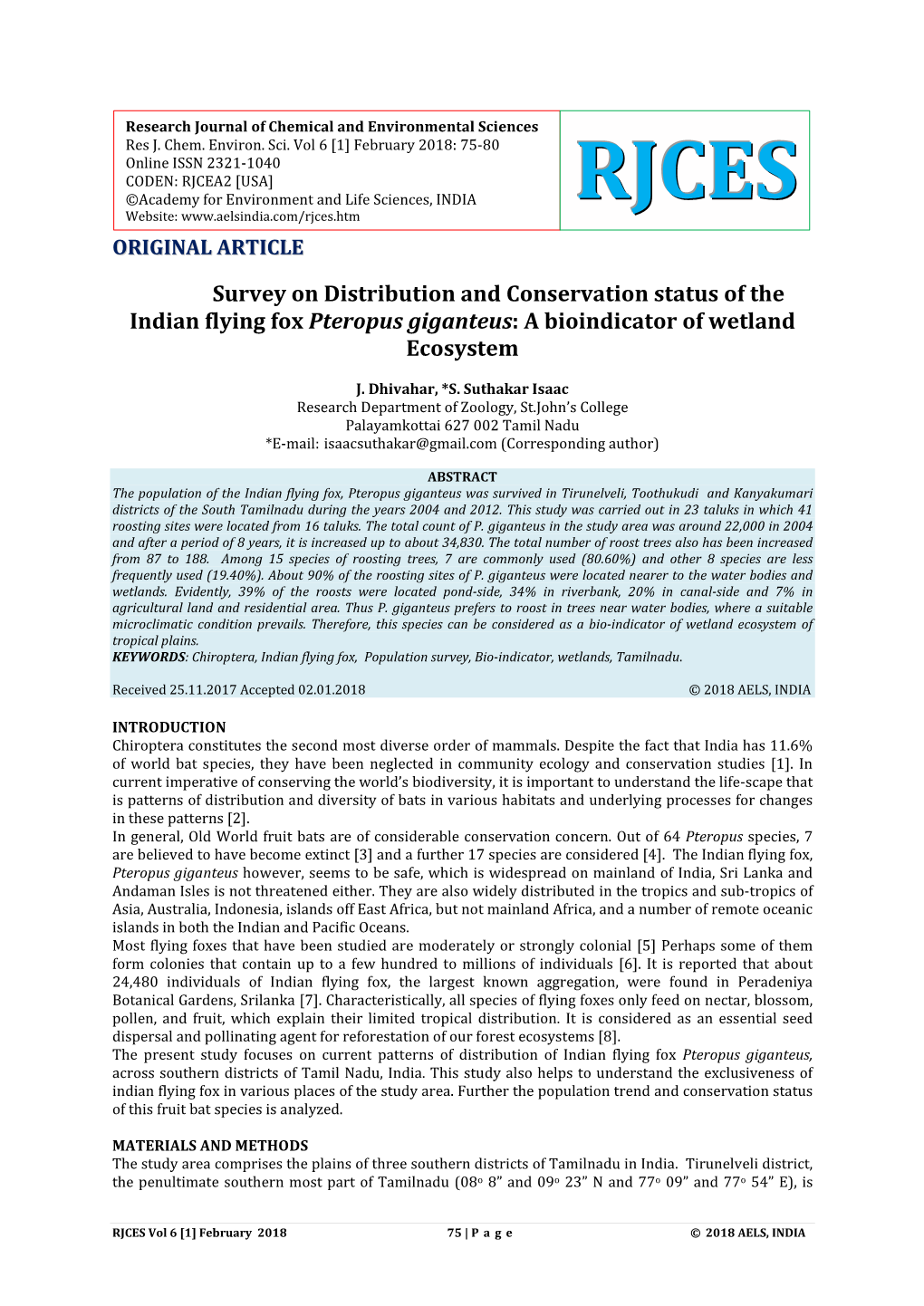 Survey on Distribution and Conservation Status of the Indian Flying Fox