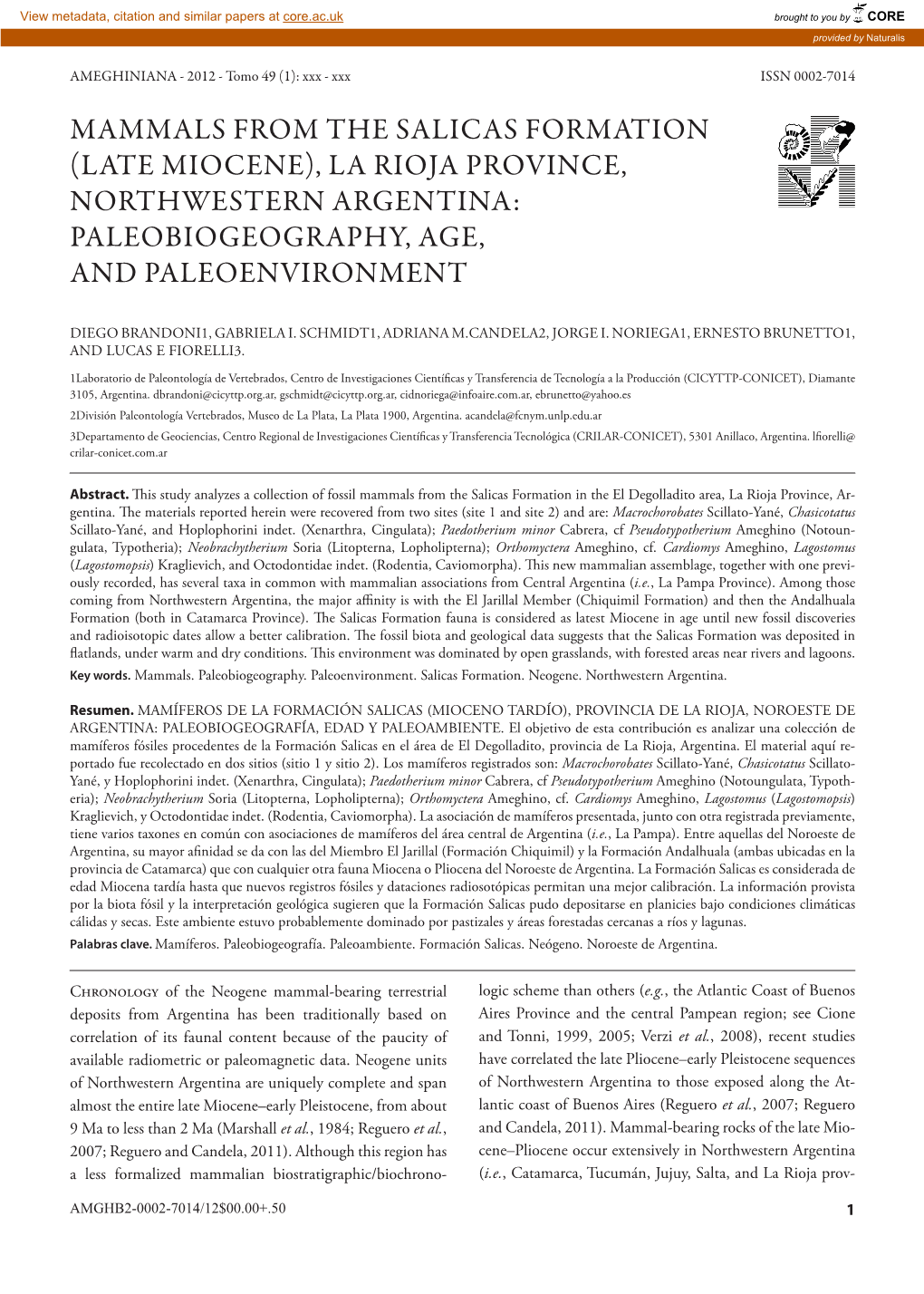 Mammals from the Salicas Formation (Late Miocene), La Rioja Province, Northwestern Argentina: Paleobiogeography, Age, and Paleoenvironment