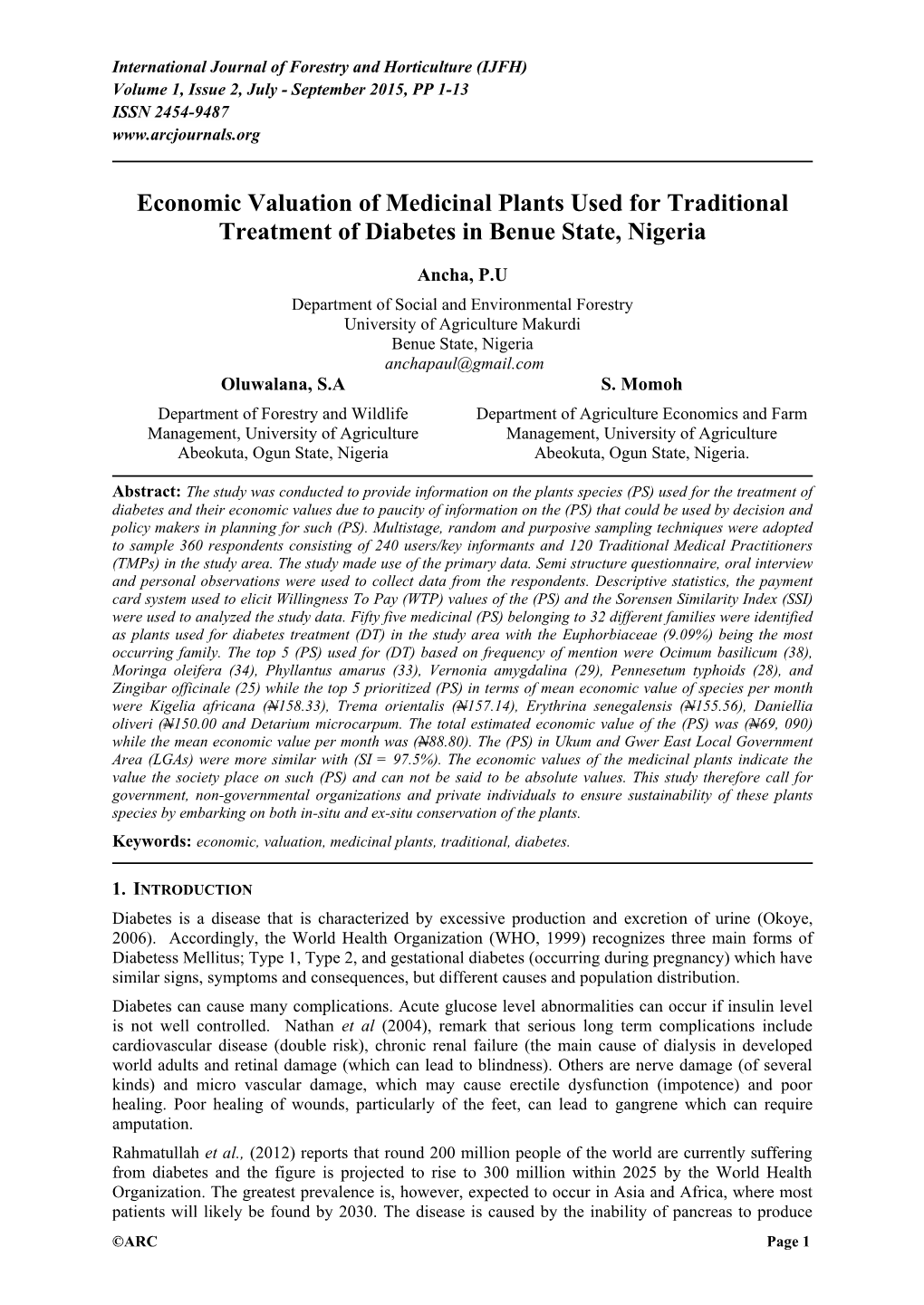 Economic Valuation of Medicinal Plants Used for Traditional Treatment of Diabetes in Benue State, Nigeria