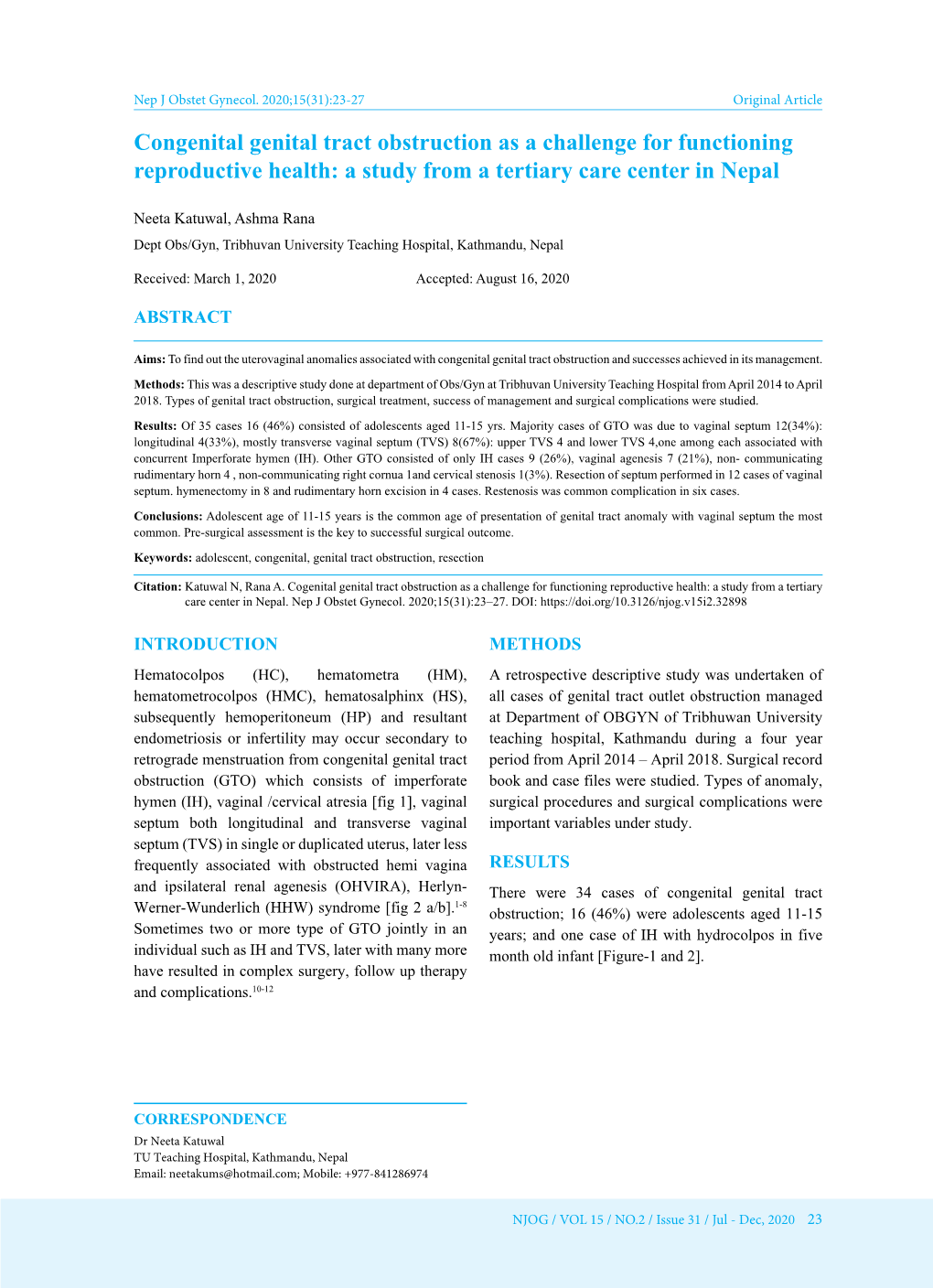 Congenital Genital Tract Obstruction As a Challenge for Functioning Reproductive Health: a Study from a Tertiary Care Center in Nepal