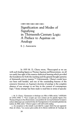 Signification and Modes of Signifying in Thirteenth-Century Logic: a Preface to Aquinas on Analogy