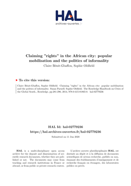 In the African City: Popular Mobilisation and the Politics of Informality Claire Bénit-Gbaffou, Sophie Oldfield