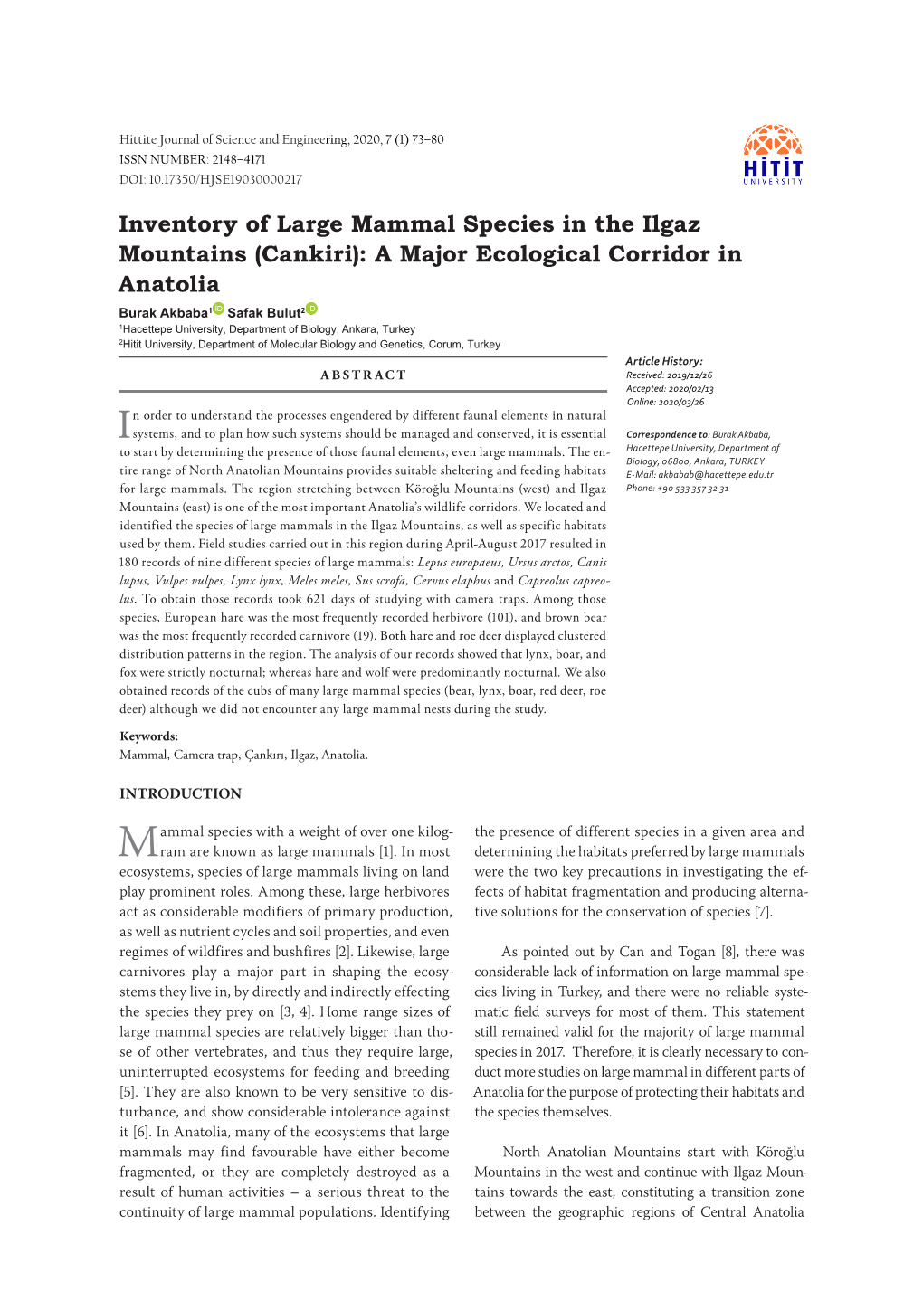 Inventory of Large Mammal Species in the Ilgaz Mountains