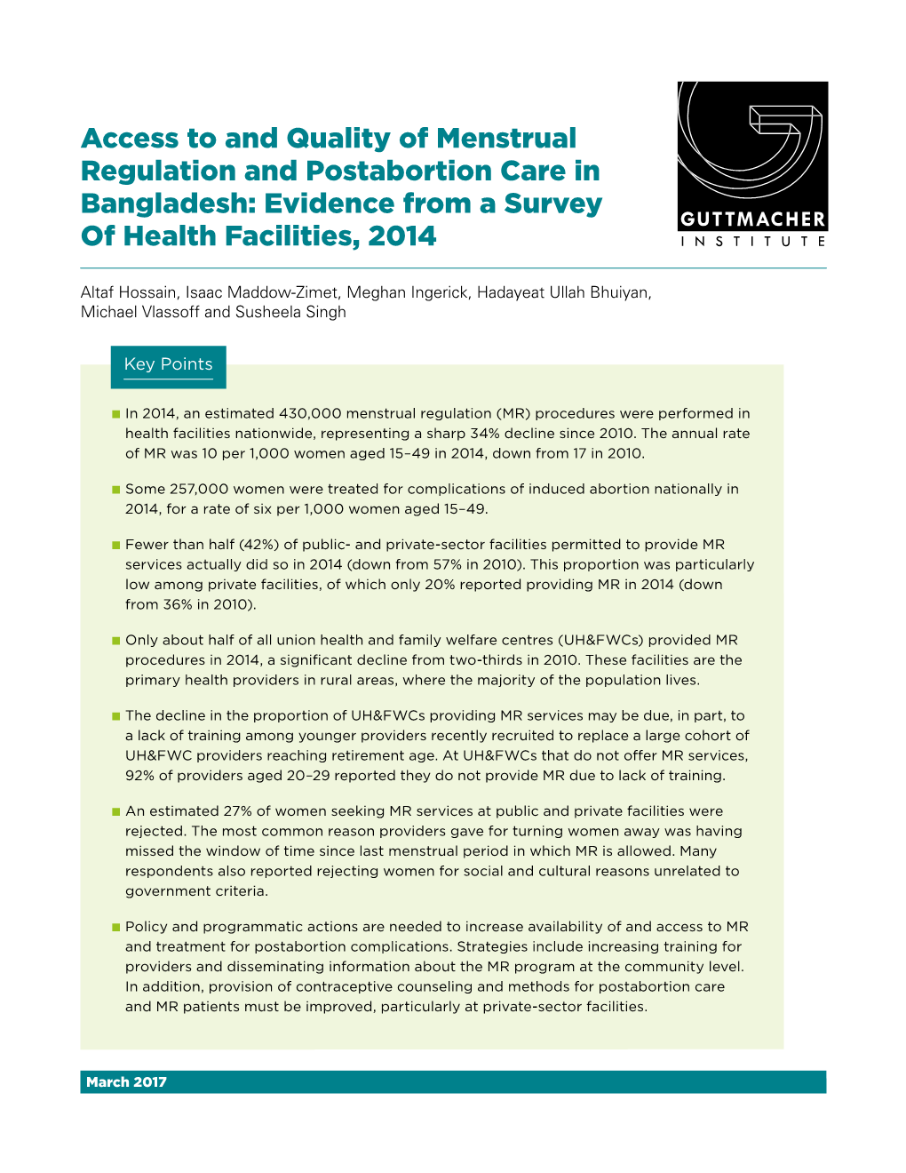 Access to and Quality of Menstrual Regulation and Postabortion Care in Bangladesh: Evidence from a Survey of Health Facilities, 2014