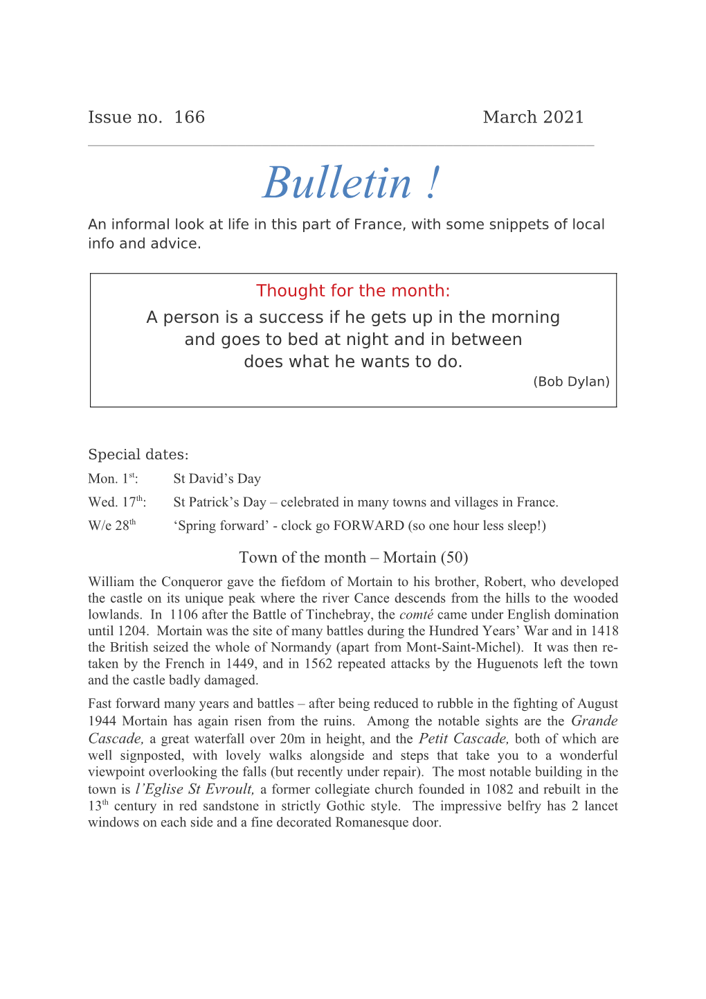 March 2021 ______Bulletin ! an Informal Look at Life in This Part of France, with Some Snippets of Local Info and Advice