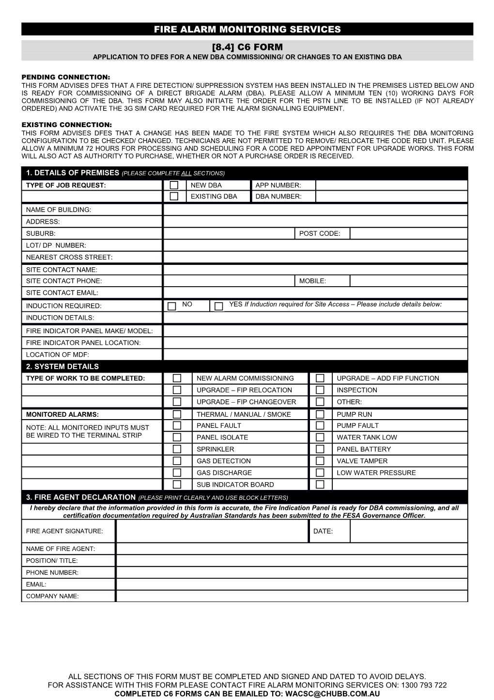 Application to Fesa for Connection of Premises As a Direct Brigade Alarm