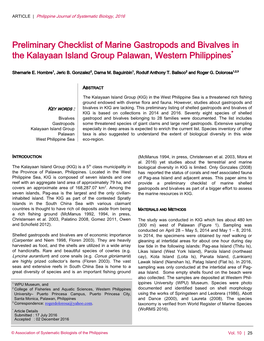 Preliminary Checklist of Marine Gastropods and Bivalves in the Kalayaan Island Group Palawan, Western Philippines*