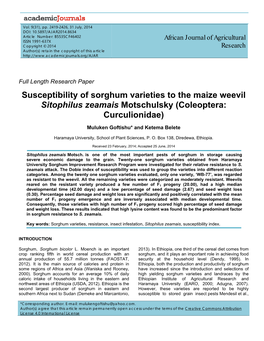 Susceptibility of Sorghum Varieties to the Maize Weevil Sitophilus Zeamais Motschulsky (Coleoptera: Curculionidae)