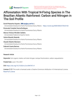 Afforestation with Tropical N-Fixing Species in the Brazilian Atlantic Rainforest: Carbon and Nitrogen in the Soil Profle
