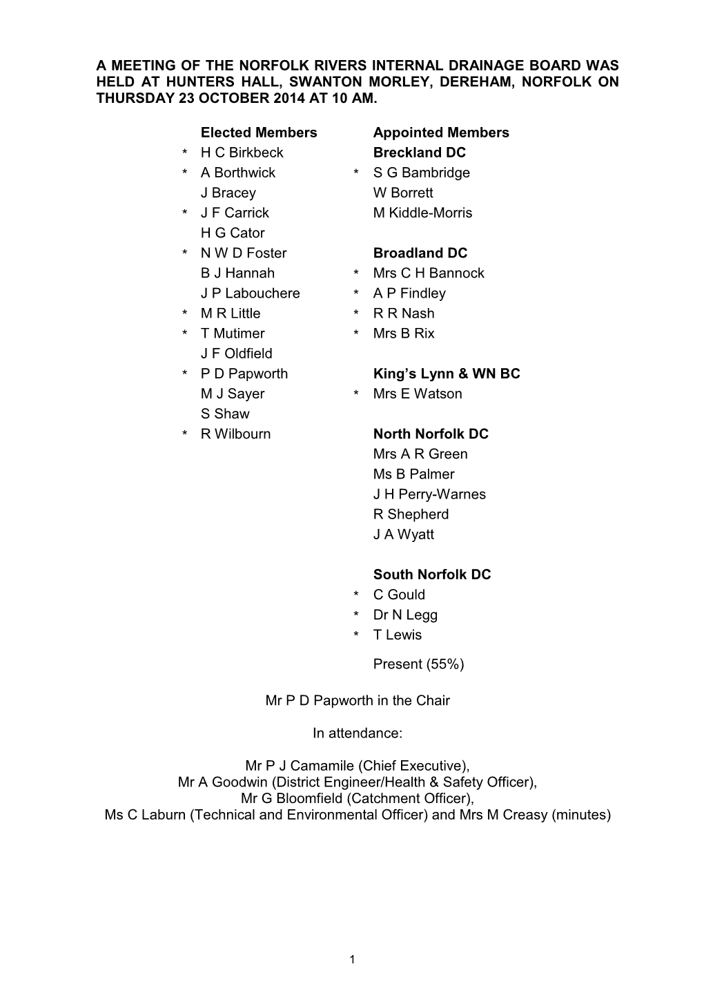 A Meeting of the Norfolk Rivers Internal Drainage Board Was Held at Hunters Hall, Swanton Morley, Dereham, Norfolk on Thursday 23 October 2014 at 10 Am