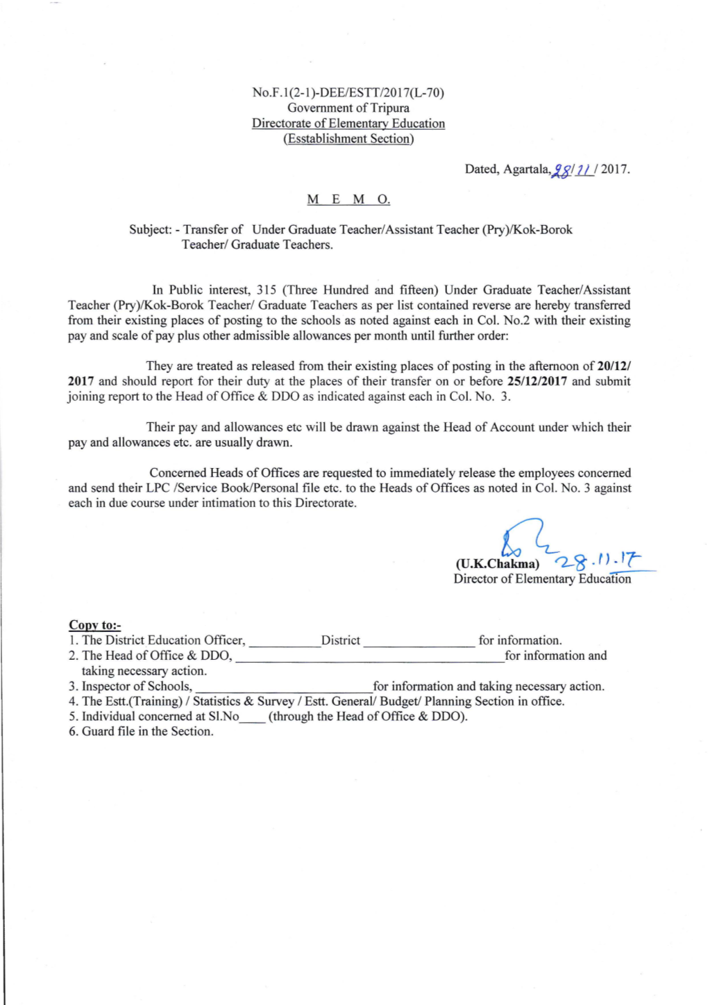 No.F.1(2-1)-DEE/ESTT/2017(L-70) Government of Tripura Directorate of Elementary Education (Esstablishment Section)