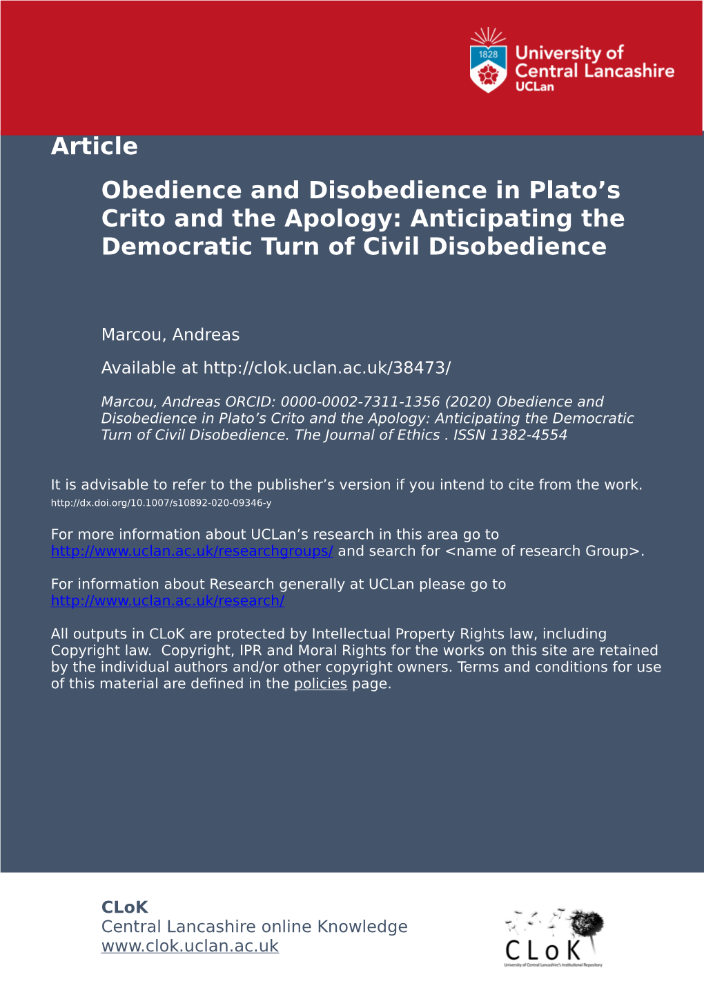 Article Obedience and Disobedience in Plato's Crito and the Apology