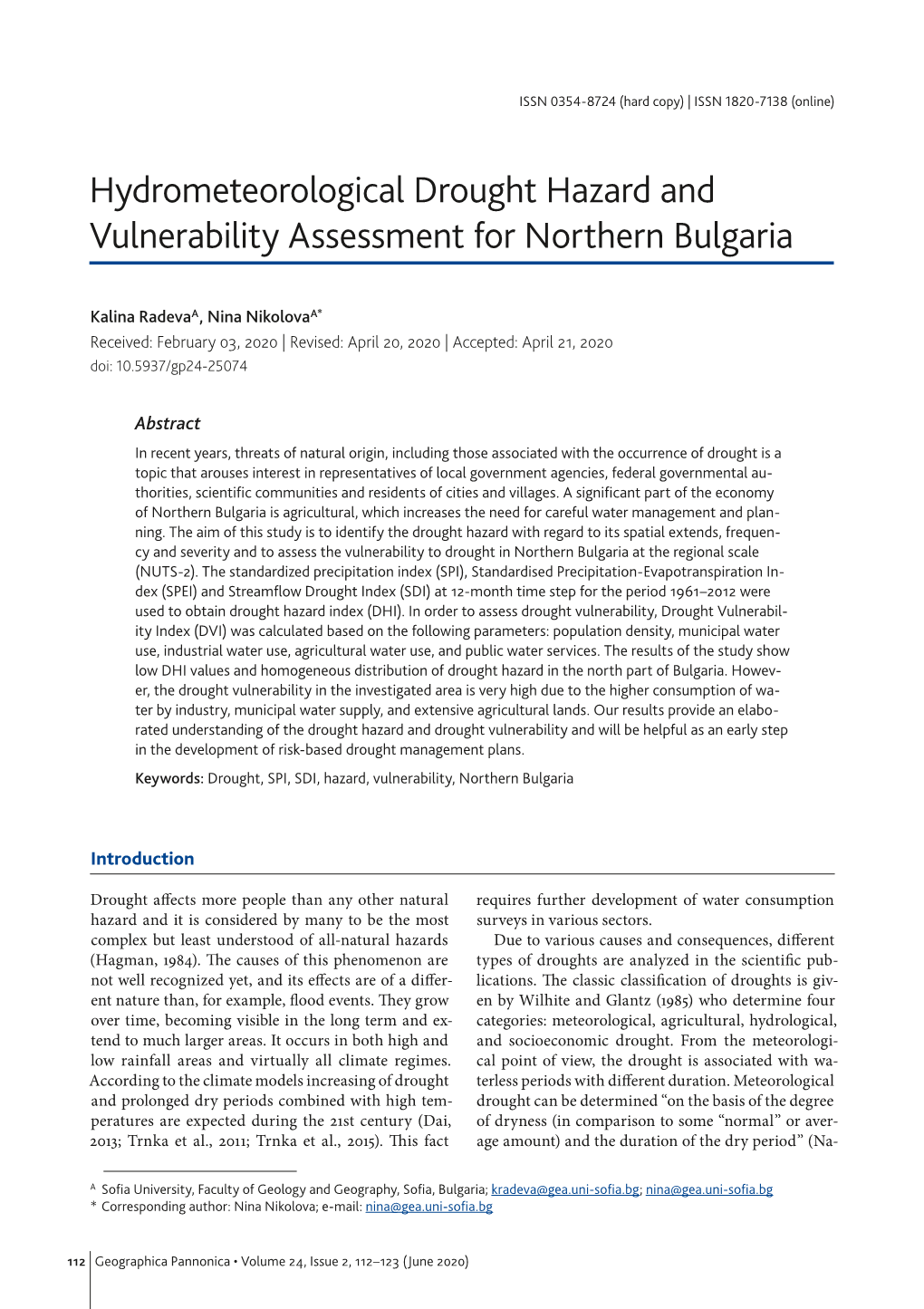 Hydrometeorological Drought Hazard and Vulnerability Assessment for Northern Bulgaria