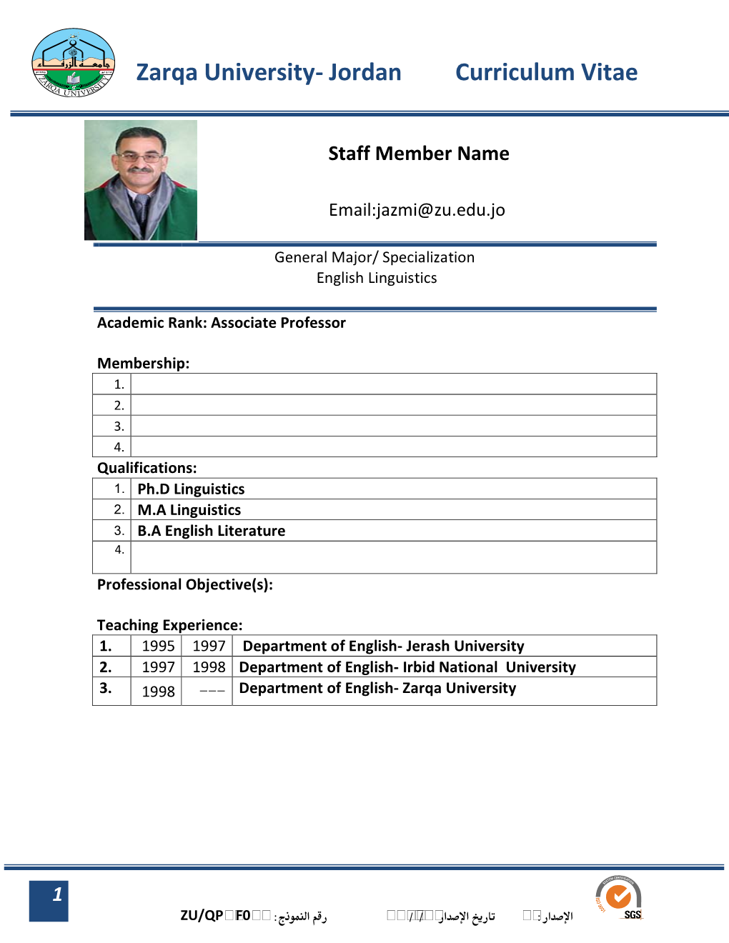 Zarqa University- Jordan Curriculum Vitae