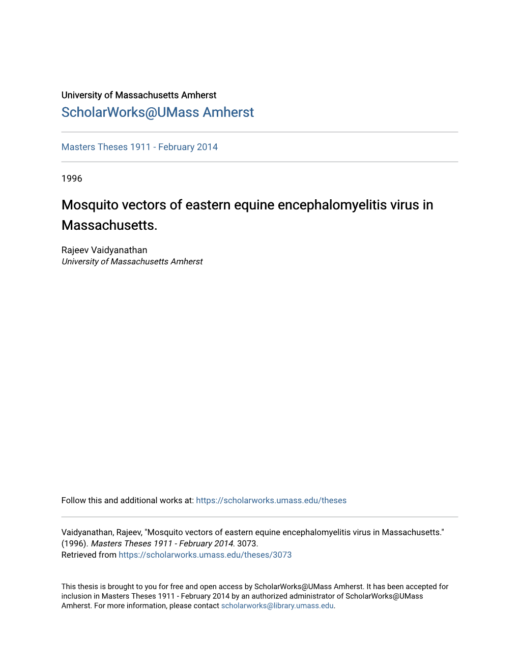 Mosquito Vectors of Eastern Equine Encephalomyelitis Virus in Massachusetts