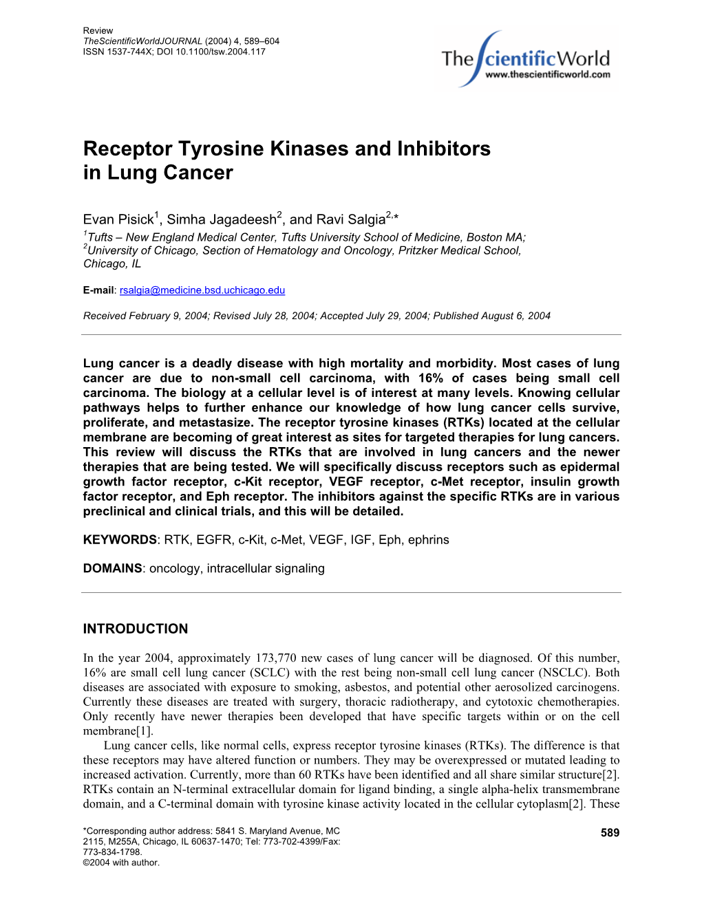 Receptor Tyrosine Kinases and Inhibitors in Lung Cancer