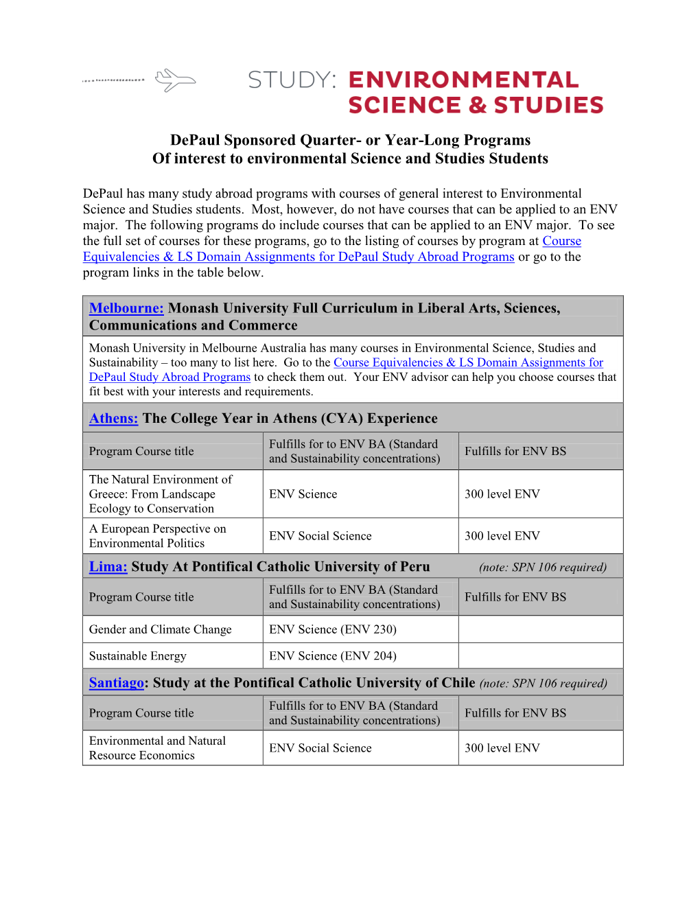 Depaul Sponsored Quarter- Or Year-Long Programs of Interest to Environmental Science and Studies Students