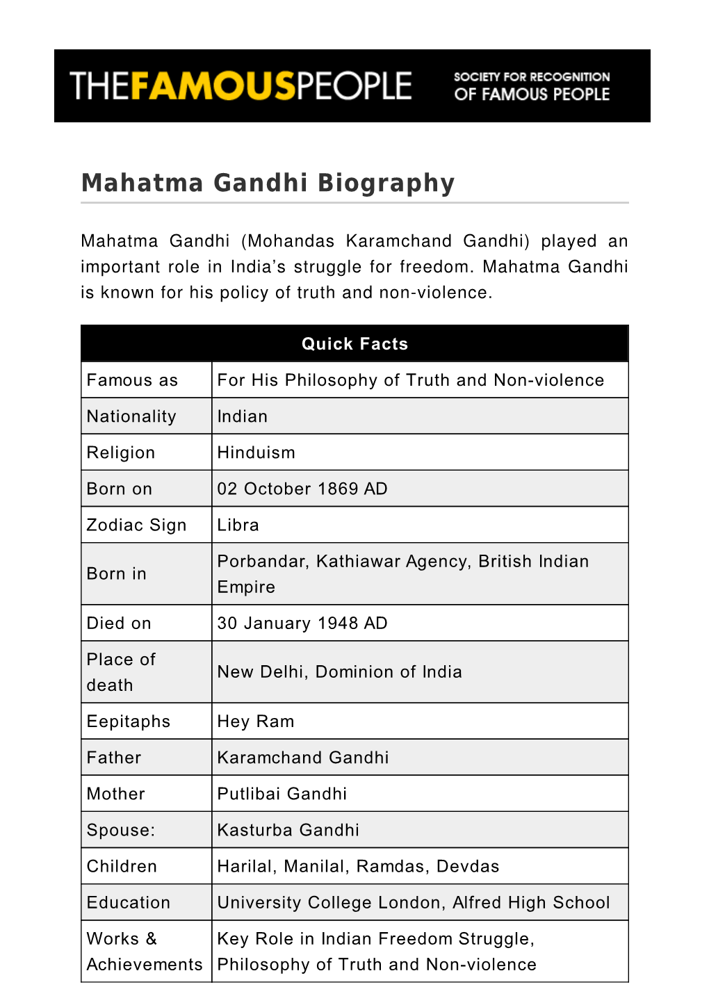 Mahatma Gandhi Biography