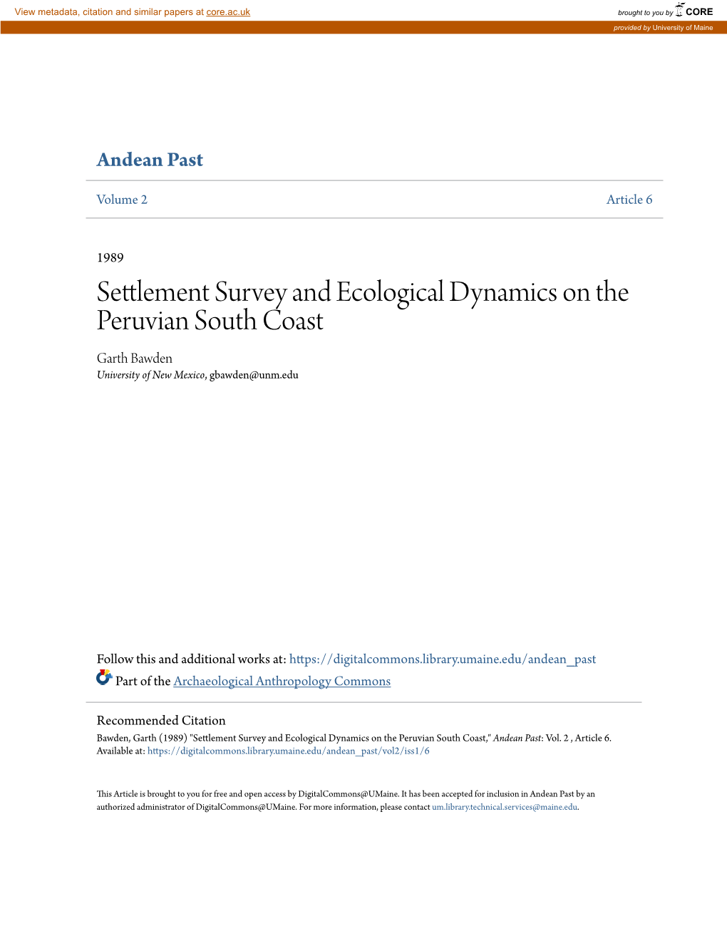 Settlement Survey and Ecological Dynamics on the Peruvian South Coast Garth Bawden University of New Mexico, Gbawden@Unm.Edu