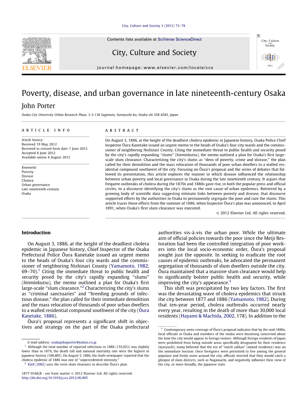 Poverty, Disease, and Urban Governance in Late Nineteenth-Century Osaka John Porter