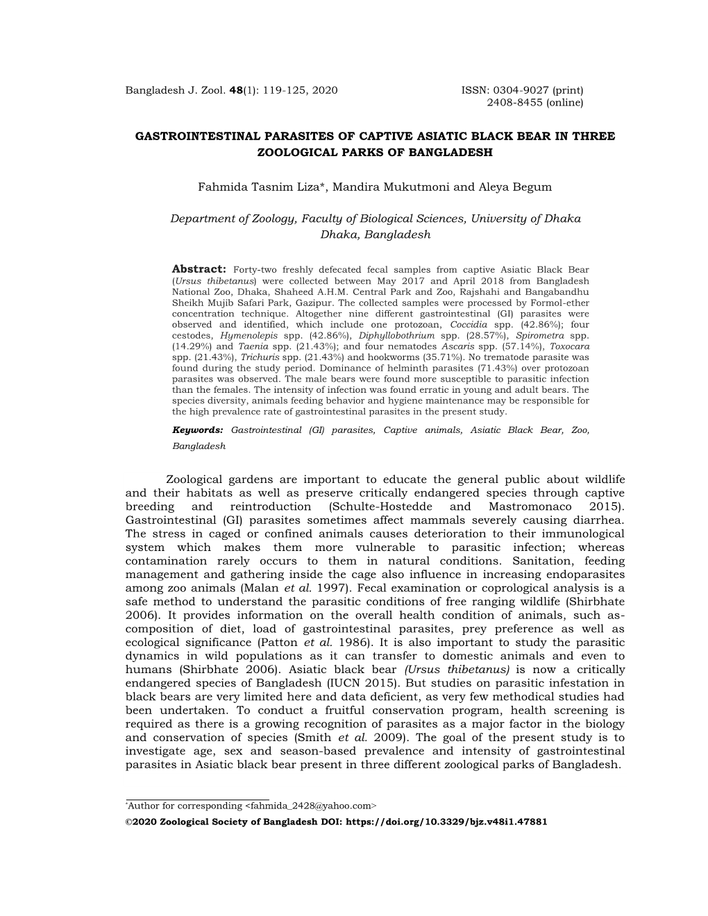 Gastrointestinal Parasites of Captive Asiatic Black Bear in Three Zoological Parks of Bangladesh