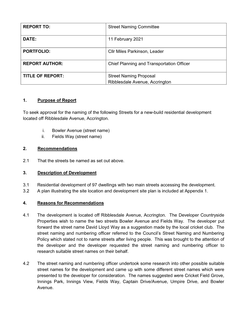 Street Naming Proposal Ribblesdale Avenue, Accrington