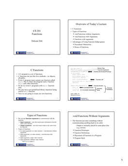 CS 201 Functions Overview of Today's Lecture C Functions Types Of