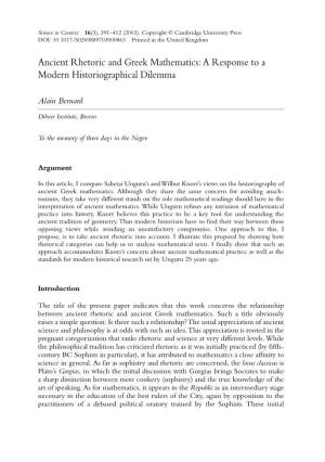 Ancient Rhetoric and Greek Mathematics: a Response to a Modern Historiographical Dilemma