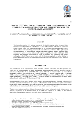 Ground Effects in the September-October 1997 Umbria-Marche (Central Italy) Seismic Sequence and Their Significance for Seismic Hazard Assessment